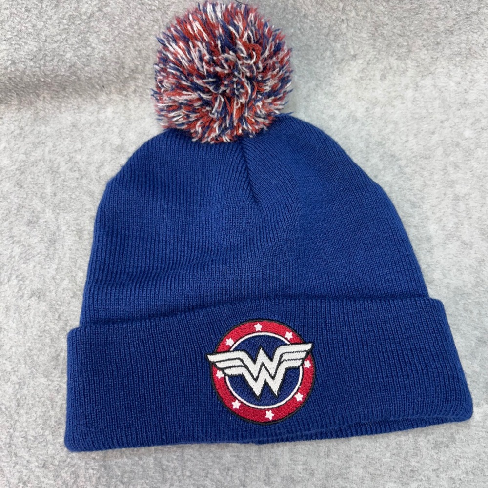 Wonder Woman Logo Womens Blue Wonder Woman Beanie Pom Pom Knit Hat OSFM
